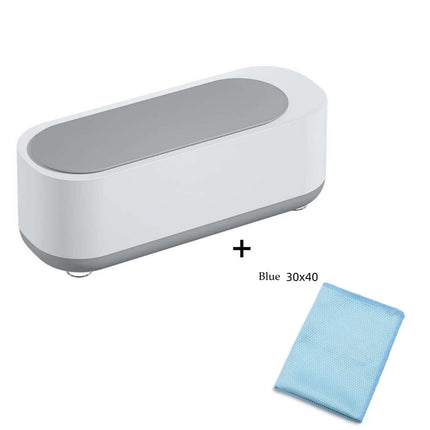 Ultrasonic High Frequency Jewelry and Glasses Cleaner in sleek design with a blue cleaning cloth included.