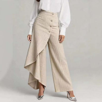 Model wearing Unique Ruffled Buttons Straight-Leg Faux Jeans with a stylish wrap design and button details.