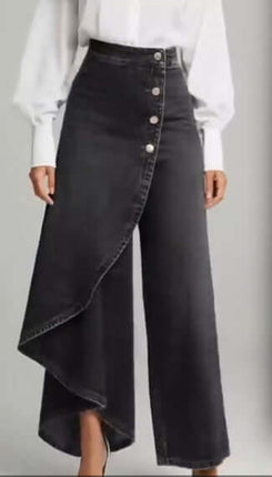 Unique Ruffled Buttons Straight-Leg Faux Jeans featuring a stylish wrap design and button closure.