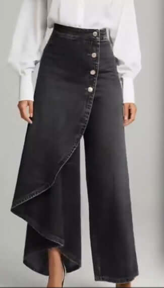 Unique Ruffled Buttons Straight-Leg Faux Jeans featuring a stylish wrap design and button closure.