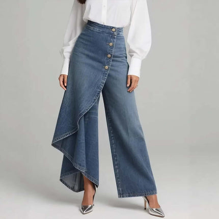 Unique Ruffled Buttons Straight-Leg Faux Jeans with stylish ruffled design and button front, paired with a chic blouse.