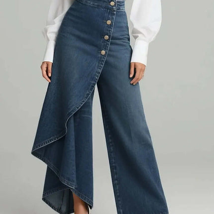 Unique Ruffled Buttons Straight-Leg Faux Jeans with asymmetrical hem and buttons, modeled on a woman.