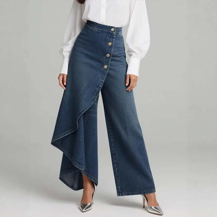 Unique Ruffled Buttons Straight-Leg Faux Jeans featuring a stylish wrap design and button detail