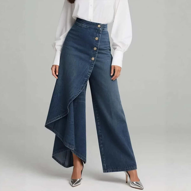 Unique Ruffled Buttons Straight-Leg Faux Jeans featuring a stylish wrap design and button detail
