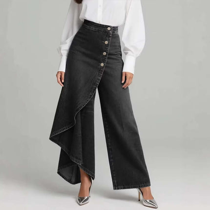 Unique Ruffled Buttons Straight-Leg Faux Jeans in black with a stylish asymmetrical design and chic metallic buttons.