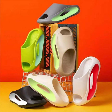 Unisex Hollow Peep Toe Summer EVA Slides in various colors stacked creatively