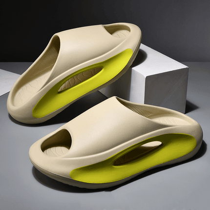 Unisex Hollow Peep Toe Summer EVA Slides in beige and yellow color with a stylish design.