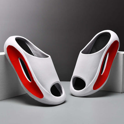Unisex Hollow Peep Toe Summer EVA Slides in white and red design, casual footwear for summer styles.