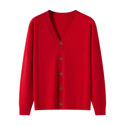 V-Neck Knitted Cardigan Coat Men Andy Velvet Sweater size S showing 98cm bust scale alongside 57cm sleeve length.