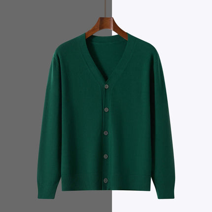 V-Neck Knitted Cardigan Coat Men Andy Velvet Sweater size L displaying 59cm long sleeves and 44cm flat shoulder lines.