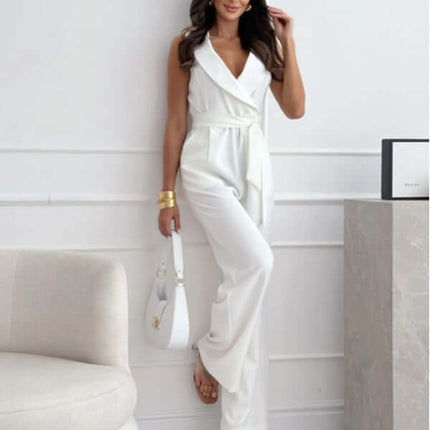 V-neck Sleeveless Jumpsuit with Belt Design size L length 152cm