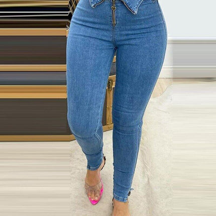 Versatile Casual Blue Pencil Jeans displayed smoothly to showcase the rich indigo denim color tone