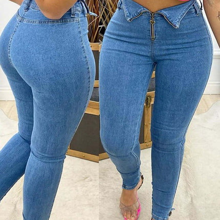 Versatile Casual Blue Pencil Jeans flat laid format emphasizing the clean small leg pants tapered cut
