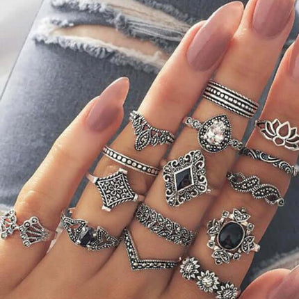 Vintage Lotus Sunflower Black Stone Geometric 15 Ring Set close view