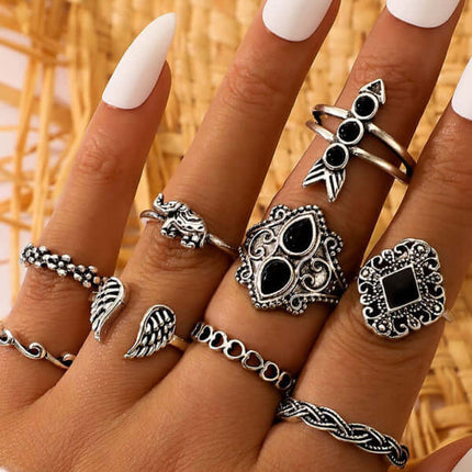 Vintage Lotus Sunflower Black Stone Geometric 15 Ring Set lotus ring