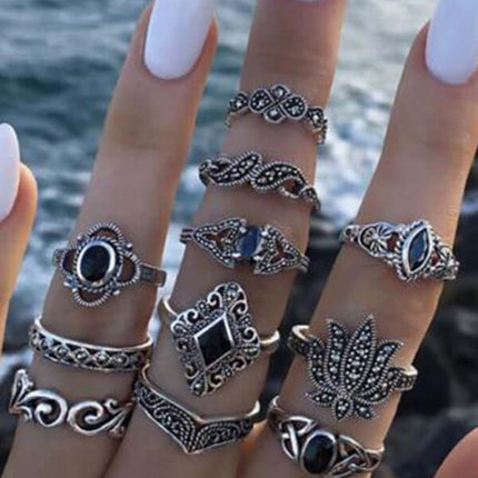 Vintage Lotus Sunflower Black Stone Geometric 15 Ring Set sunflower ring