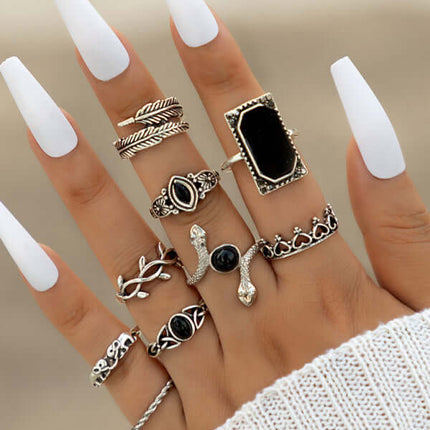 Vintage Lotus Sunflower Black Stone Geometric 15 Ring Set black stone