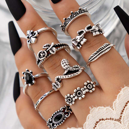 Vintage Lotus Sunflower Black Stone Geometric 15 Ring Set geometric rings