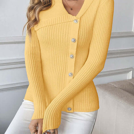 alt="Elegant Pearl Asymmetrical V-Neck Slim Sweater for Women fabric texture"