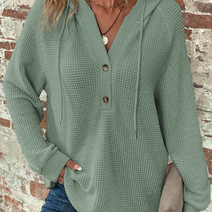 Waffle Hooded Sweater Sweatshirt for Women V-neck with buttons design.