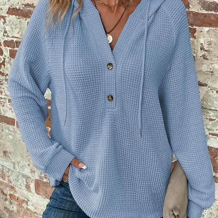 Waffle Hooded Sweater Sweatshirt for Women Army Green casual top.