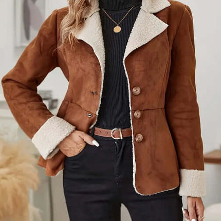 Warm Fur Integrated Lapel Pocket Jacket for Women black fur coat.