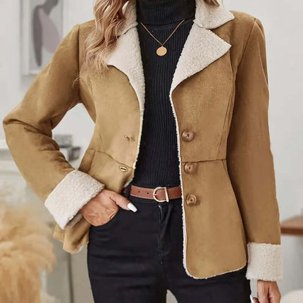 Warm Fur Integrated Lapel Pocket Jacket for Women khaki winter top.