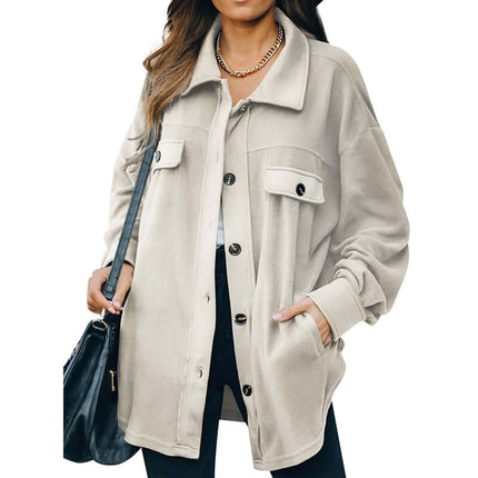 Warm Polar Fleece Lapel Cardigan Jacket for Women worn by a model, showcasing a stylish and cozy design in a light beige color.