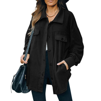 Warm Polar Fleece Lapel Cardigan Jacket for Women in black, featuring a stylish lapel and relaxed fit.