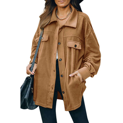 Warm Polar Fleece Lapel Cardigan Jacket for Women in brown, featuring buttons and pockets.