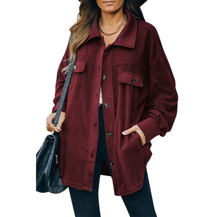 Warm Polar Fleece Lapel Cardigan Jacket for Women in a burgundy color, featuring a relaxed fit and button-up design.