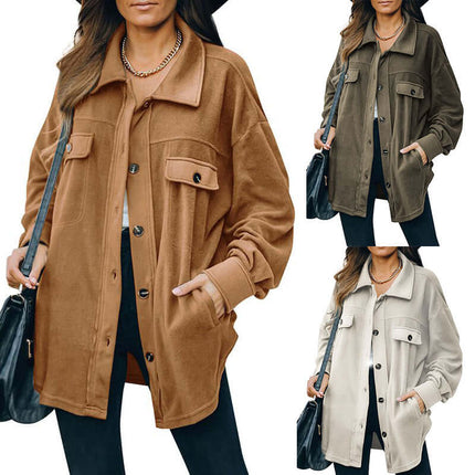 Warm Polar Fleece Lapel Cardigan Jacket for Women in brown, green, and white colors, styled with accessories.