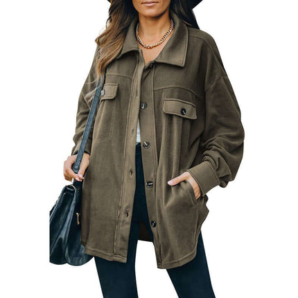 Warm Polar Fleece Lapel Cardigan Jacket for Women in olive green with buttons and pockets, styled with a black handbag.