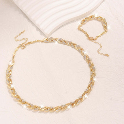 Wheat Leaf Necklace and Bracelet Set European Style Jewelry featuring gold braided design with sparkling accents.