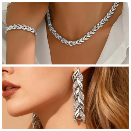 Wheat Leaf Necklace and Bracelet Set European Style Jewelry showcased with earrings.