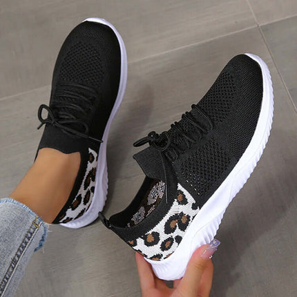 White Shoes Women Leopard Print Lace up Sneakers displayed from above.