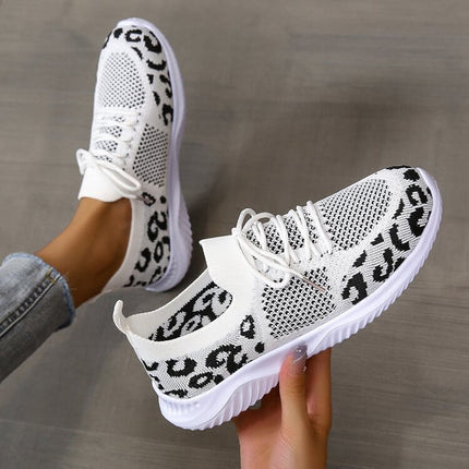 White Shoes Women Leopard Print Lace up Sneakers with breathable mesh design and stylish leopard pattern.