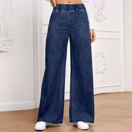 Wide Leg Jeans Straight Fashion Women's Street Style dark blue shade perfect for evening wear.