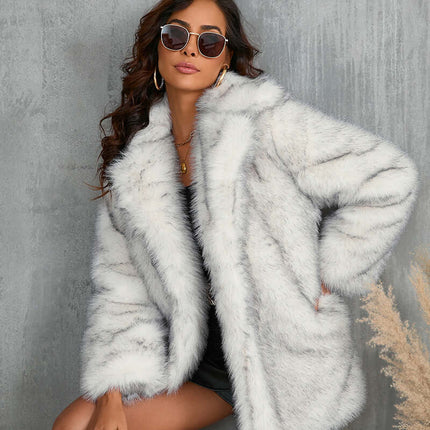 Winter Coat Warm Lapel Long Fluffy Faux Fur Coat Women dark gray fluffy texture.