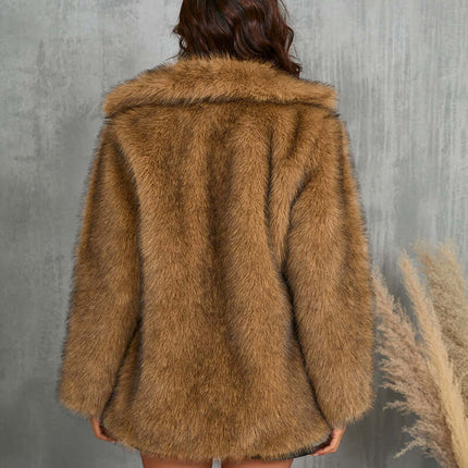 Winter Coat Warm Lapel Long Fluffy Faux Fur Coat Women long sleeve jacket detail.