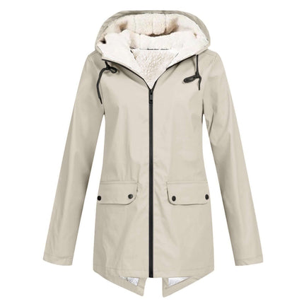 Winter Hooded Fleece Padded Shell Outdoor Warm Coat in beige with a cozy hood and soft inner lining.