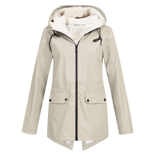 Winter Hooded Fleece Padded Shell Outdoor Warm Coat in beige with a cozy hood and soft inner lining.