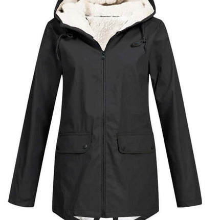 Winter Hooded Fleece Padded Shell Outdoor Warm Coat in black with a soft inner lining and dual front pockets.
