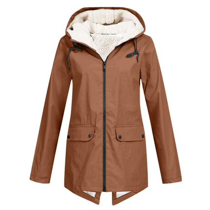 Winter Hooded Fleece Padded Shell Outdoor Warm Coat in brown with cozy inner lining and adjustable hood.