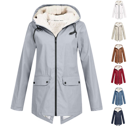 Winter Hooded Fleece Padded Shell Outdoor Warm Coat in gray color with plush interior and hood.