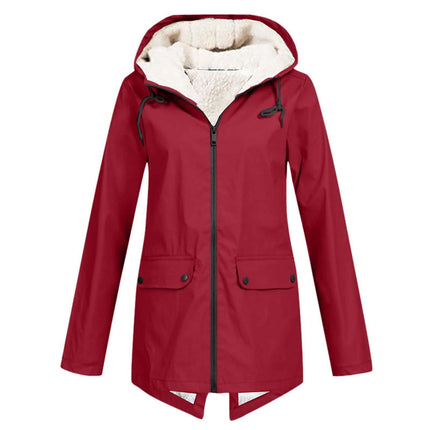 Winter Hooded Fleece Padded Shell Outdoor Warm Coat in red with a cozy interior and zipper front.