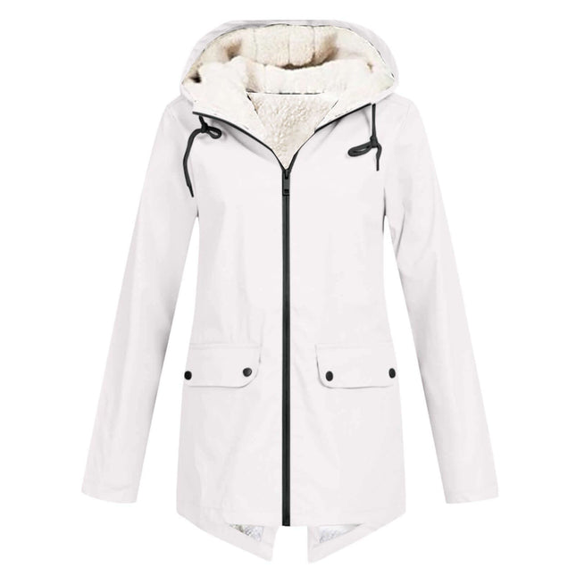Winter Hooded Fleece Padded Shell Outdoor Warm Coat with a cozy interior and adjustable hood in white color.
