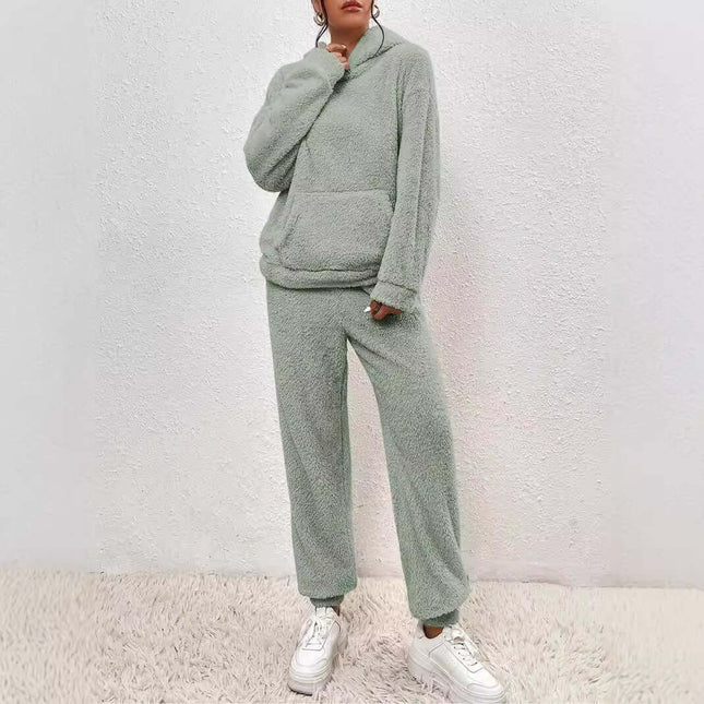 Winter Plush Pajama Set Fashion Hooded Top and Pants in light green with cozy material, ideal for winter comfort.