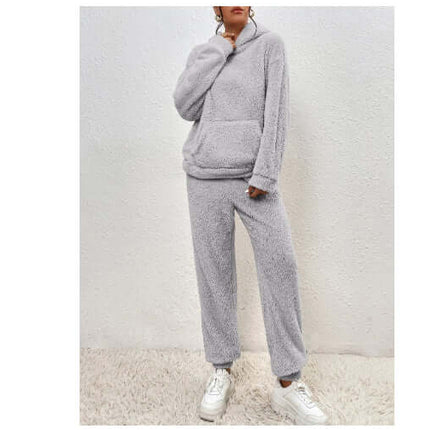 Winter Plush Pajama Set Fashion Hooded Top and Pants in gray with cozy, soft texture showcased on a model