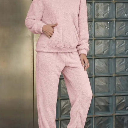 Winter Plush Pajama Set Fashion Hooded Top and Pants in soft pink color, ideal for cozy winter lounging.
